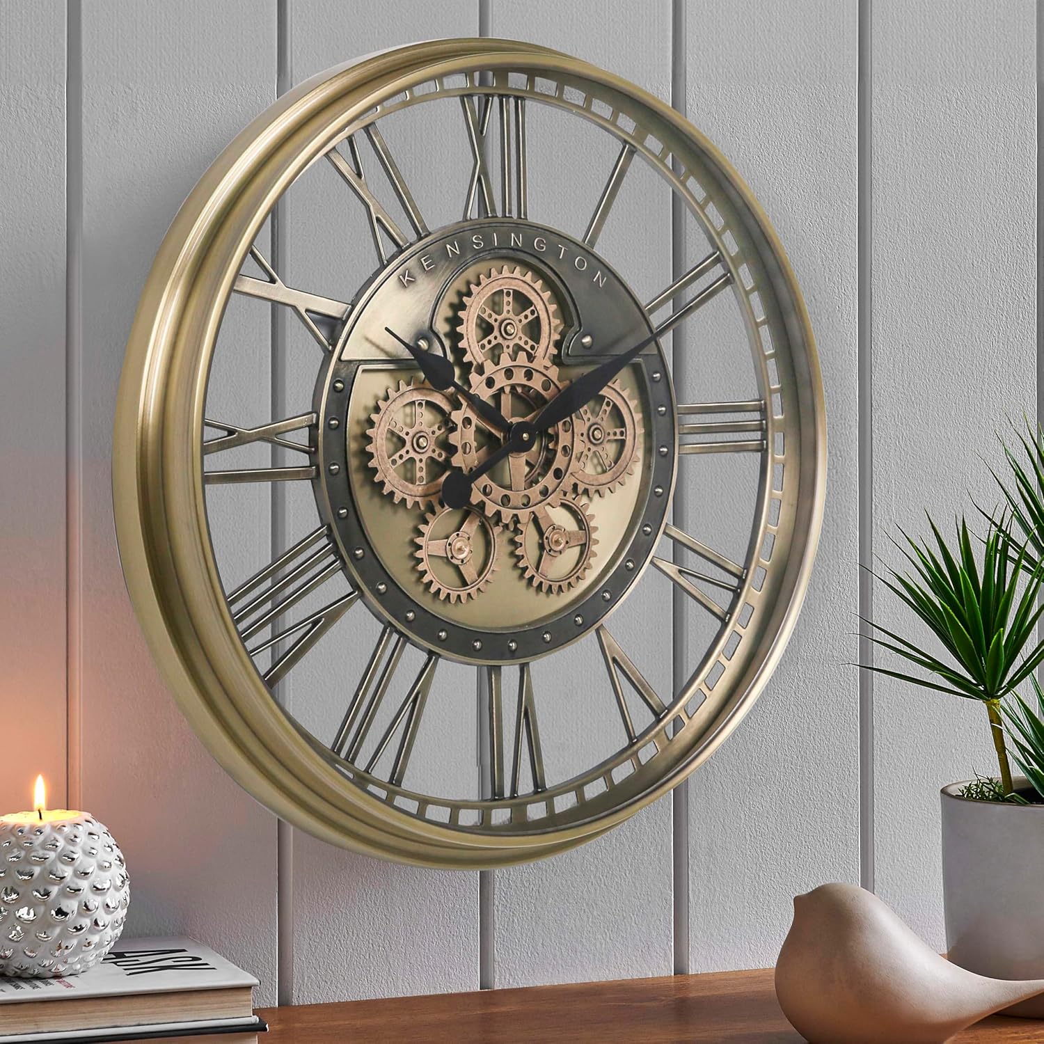 CLXEAST Gold Moving Gear Wall Clock for Modern Living Room Decor,Oversized Large Metal Roman Numeral Wall Clocks for Farmhouse Home Decor,28 Inch